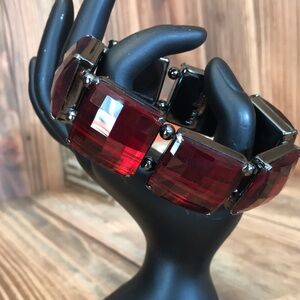 Deep Red Faceted Squares Gunmetal Stretch Bracelet